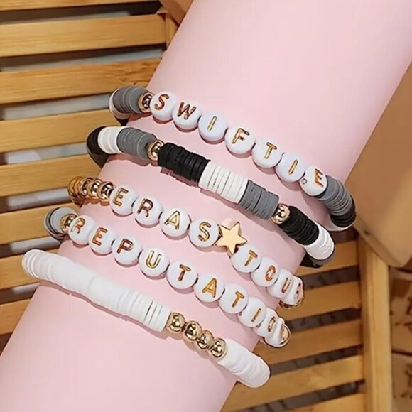 NWT Swiftie Friendship Bracelets White, Gray, Black and Gold 5 piece set Lover - Picture 3 of 6